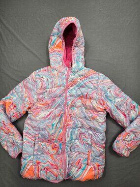 Lands End XXL Girls Reversible Hooded Jacket Pink/Marbled Reversible Faux Fur
